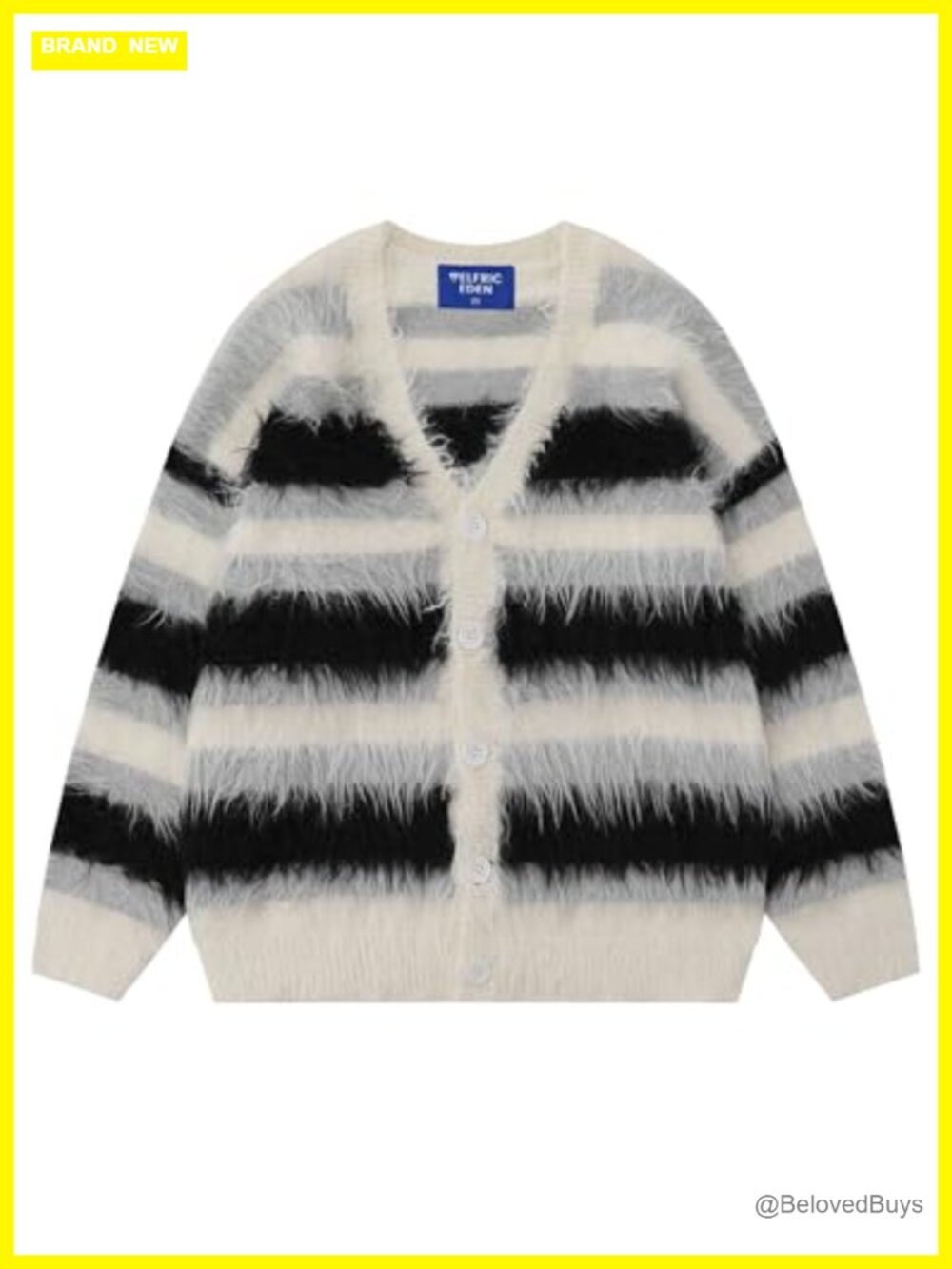 Fuzzy Striped Cardigan V-Neck Button Down Oversized Knit Sweater